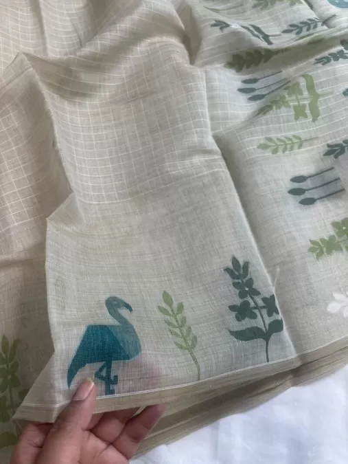 Cream with Green Cotton Saree with Contrast Artistic Print Border