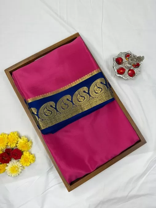Pink with Dark Blue Mysore Crepe Silk Saree