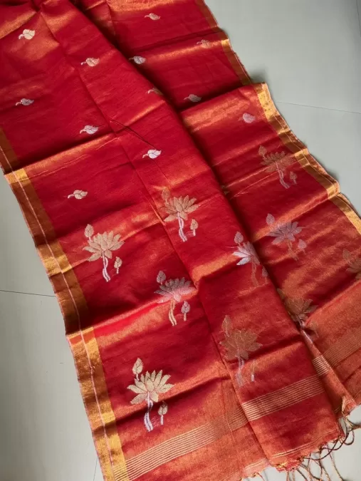 Rust Orange Jamdhani Linen Tissue Saree