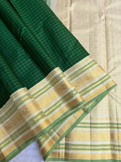 Checks Bottle Green with Cream Kanjeevaram Silk Saree