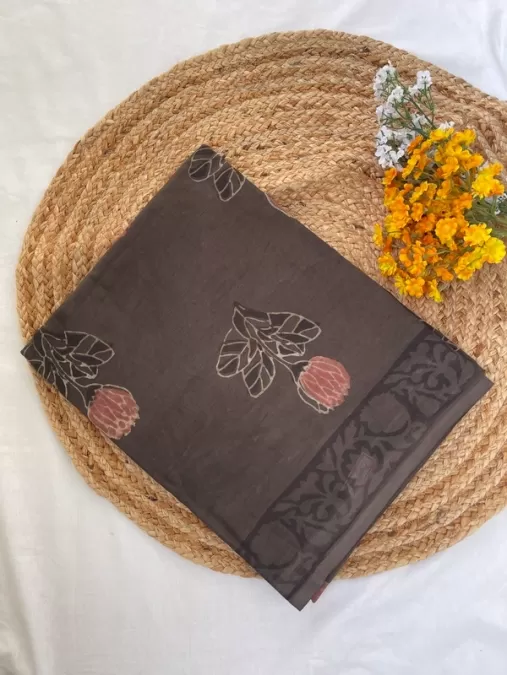 Brown Mul Cotton Saree with Handblock Floral Print