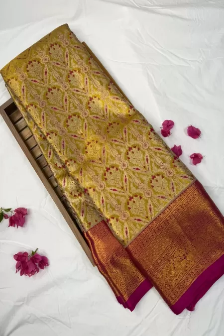 Brocade Meenakaari Gold with Pink Kanjeevaram Silk Saree