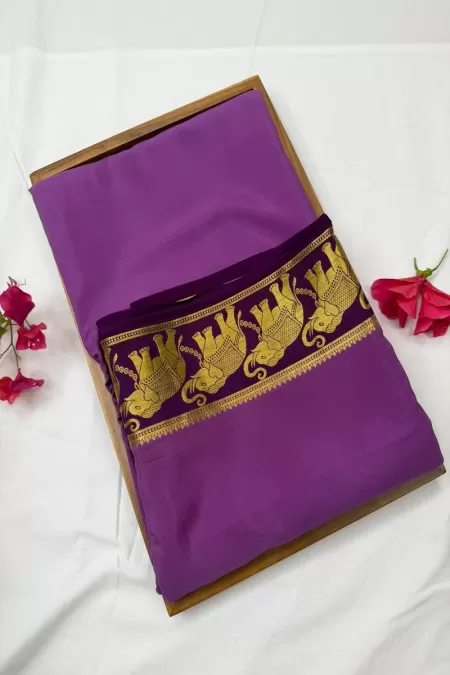 Elephant Border Lavender with Purple Pure Mysore Crepe Silk Saree