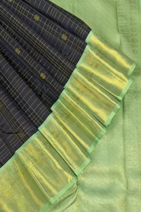 Checks Korvai Grey with Mint Green Kanjeevaram Silk Saree