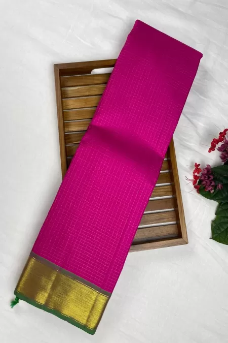 Small Checks Pink with Green Kanjeevaram Silk Saree