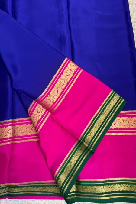 3D Navy Blue with Pink Pure Mysore Crepe Silk Saree