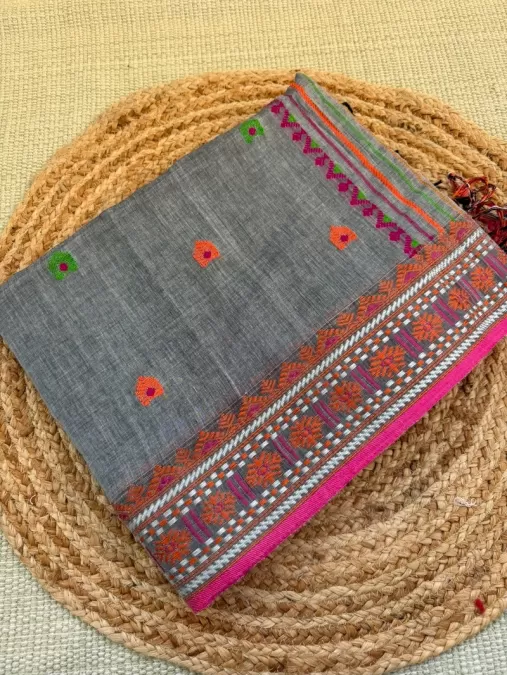 Handloom Grey with Pink Assam Cotton Saree