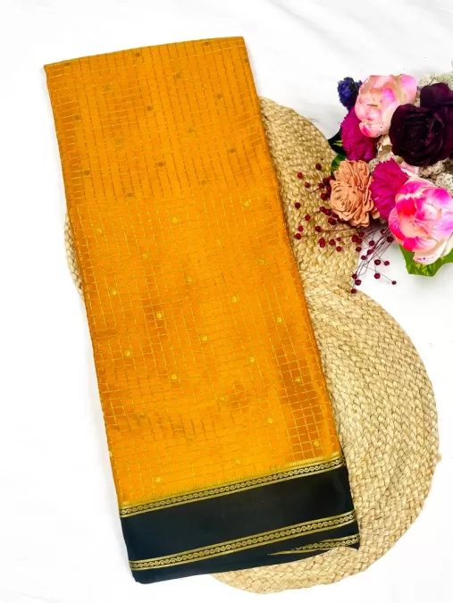 Checks Butta Mustard with Black Mysore Crepe Silk Saree