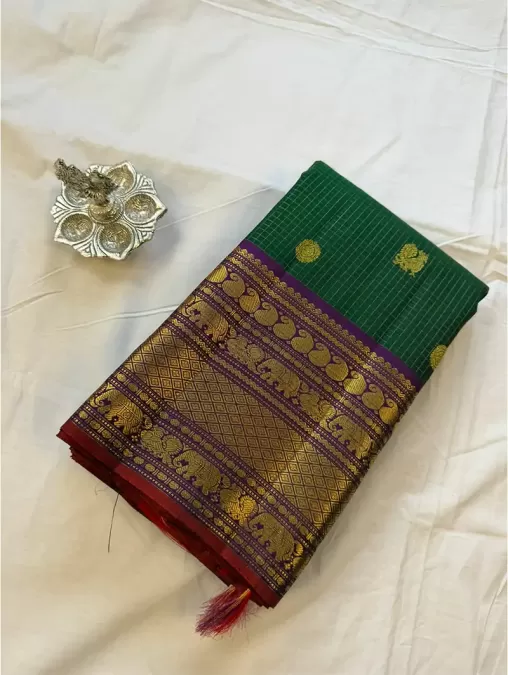 Checks Green With Purple Kanjeevaram Silk Saree
