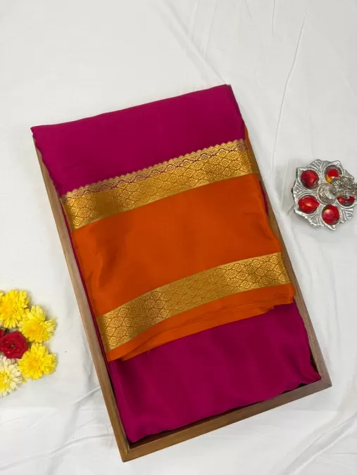 Pink with Orange Mysore Crepe Silk Saree