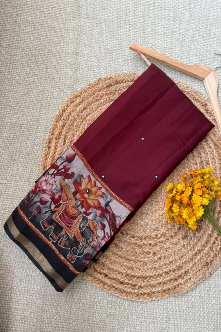 Maroon with Black Chanderi Cotton Saree