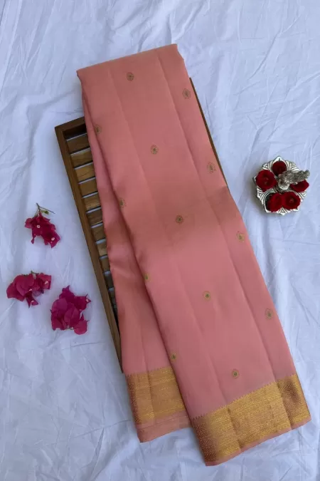 Meenakaari Butta Peach pink Kanjeevaram Silk Saree