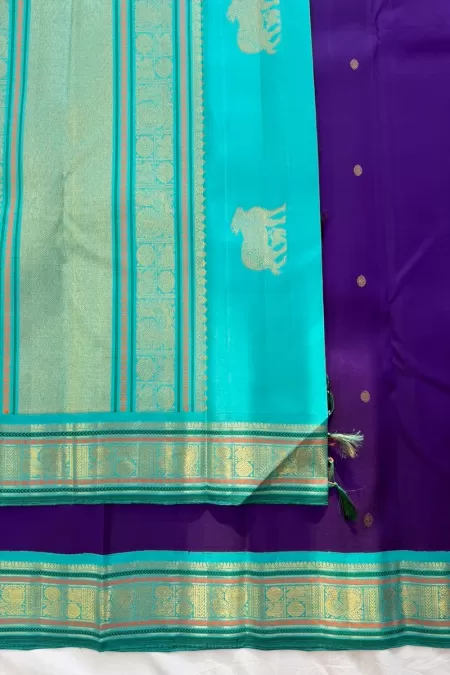 Pure Zari Purple with Sea Blue Korvai Kanjeevaram Silk Saree
