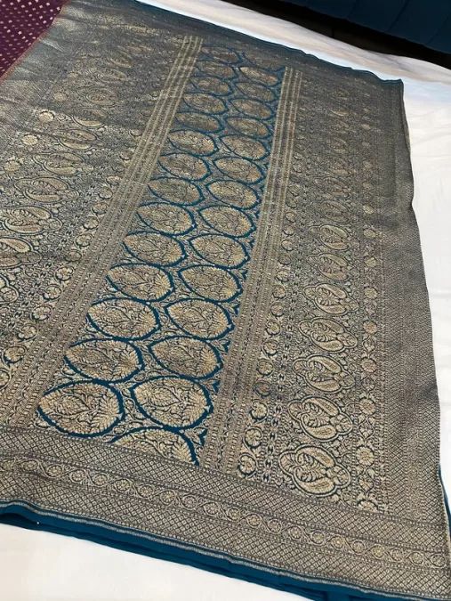 Pure crepe Purple with Blue Benaras Silk Saree