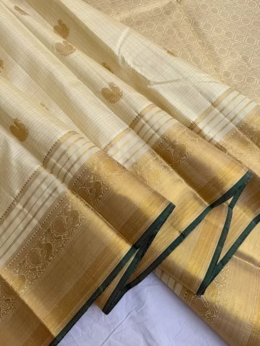 Checks Half White Kanjeevaram Silk Saree