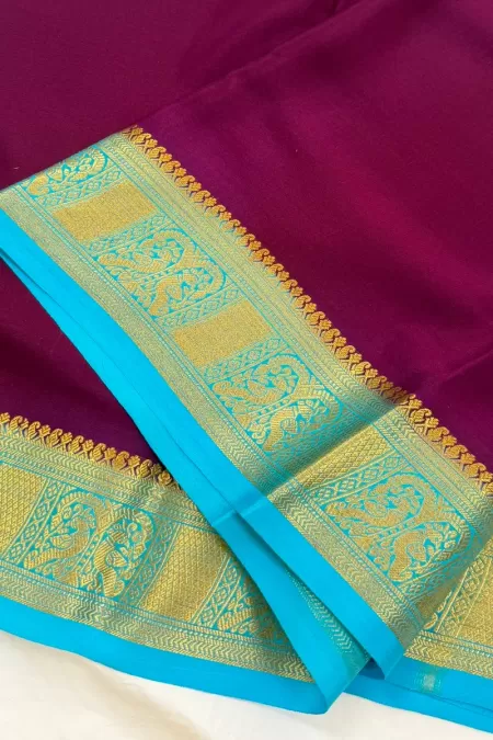 Wine with Blue Pure Mysore Crepe Silk Saree