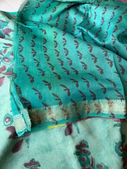 Green Maheshwari Silk by Cotton Handblock Saree with Chemical-Free Dye