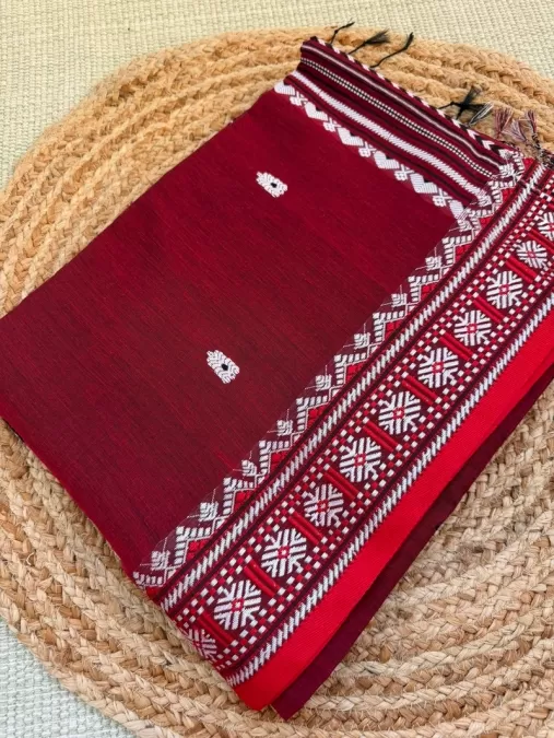 Handloom Maroon with Red Assam Cotton Saree