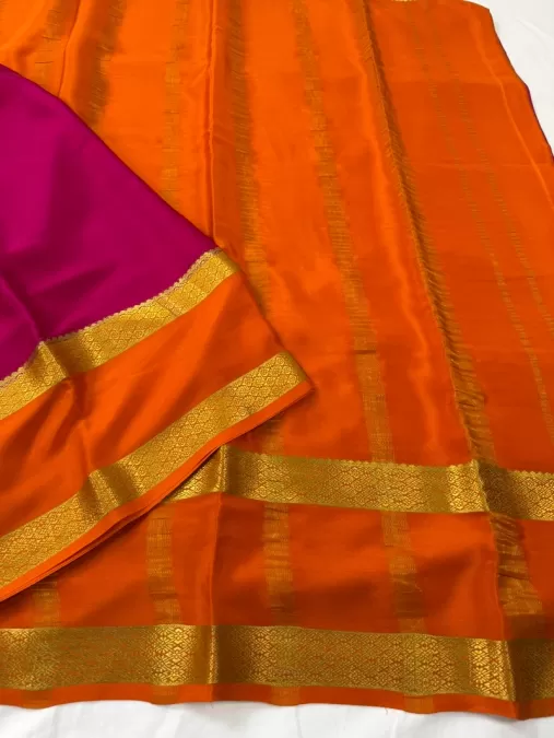 Pink with Orange Mysore Crepe Silk Saree