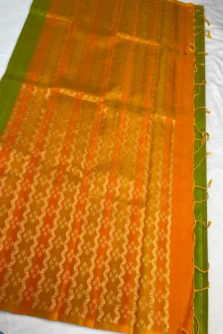 Borderless Lime Green with Orange Kanjeevaram Silk Saree