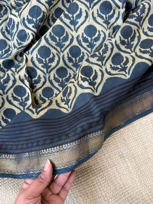 Indigo Maheshwari Silk by Cotton Handblock Saree with Chemical-Free Dye