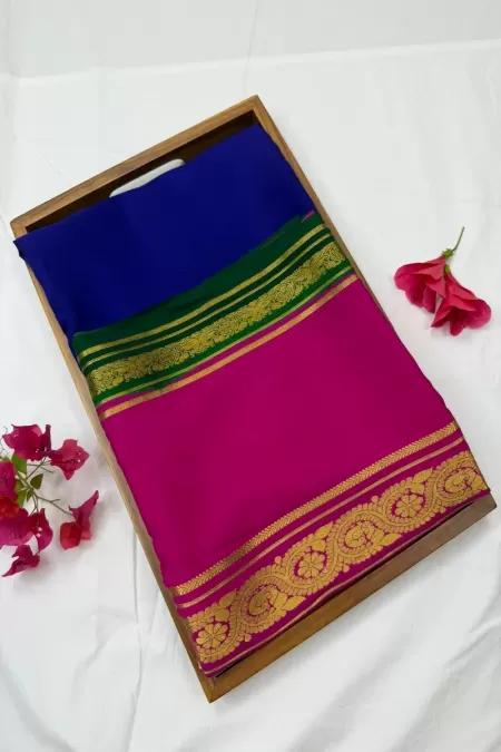 3D Navy Blue with Pink Pure Mysore Crepe Silk Saree