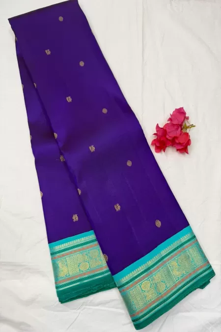Pure Zari Purple with Sea Blue Korvai Kanjeevaram Silk Saree