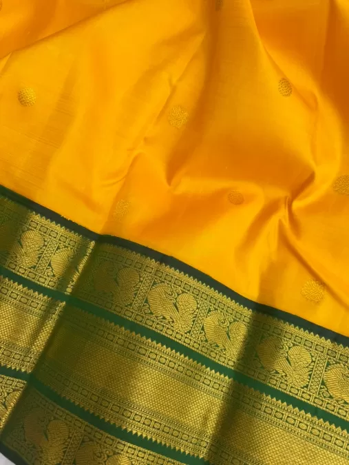 Yellow with Bottle Green Korvai Kanjeevaram Silk Saree