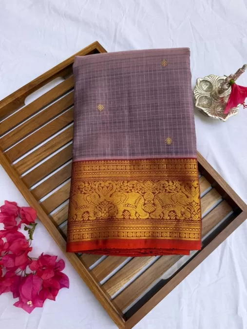 Checks Soft Lavender with Rust Orange Kanjeevaram Silk Saree