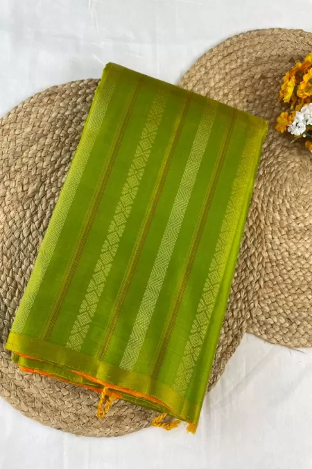 Borderless Lime Green with Orange Kanjeevaram Silk Saree