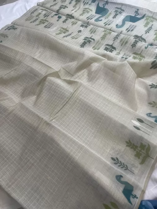 Cream with Green Cotton Saree with Contrast Artistic Print Border