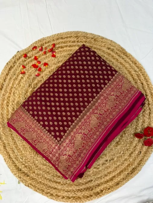 Maroon with Pink Khaddi Georgette Silk Saree