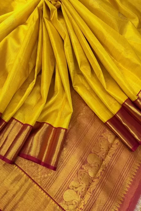 Yellow Gold with Pink Tissue Kanjeevaram Silk Saree