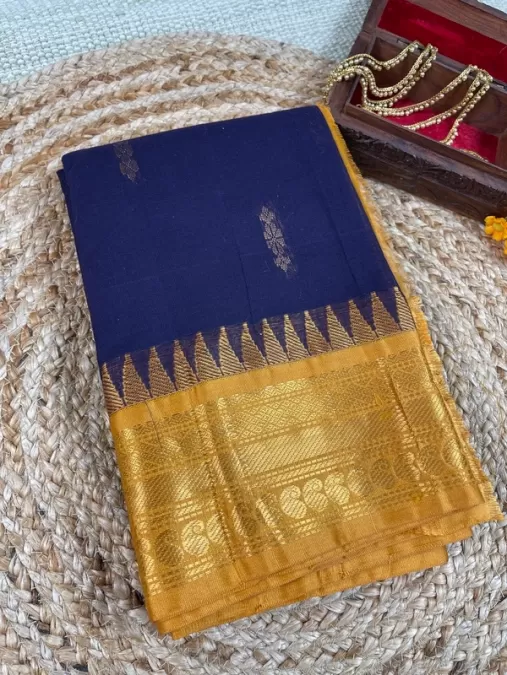 Handloom Navy Blue with Mustard Gadwal Cotton Saree