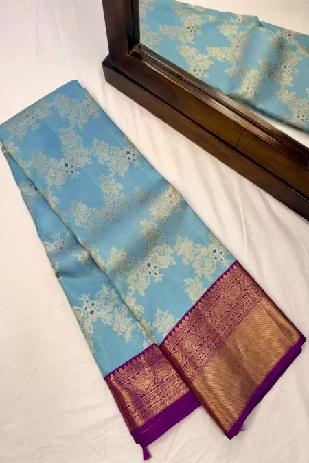 Brocade Korvai Powder Blue with Wine Kanjeevaram Silk Saree