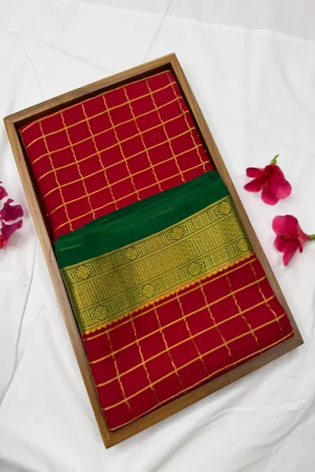 Checks Red with Green Pure Mysore Crepe Silk Saree