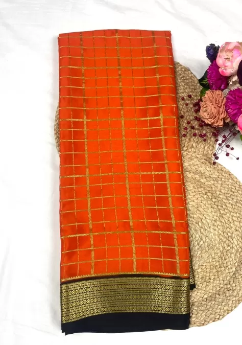 Checks Orange Mysore Crepe Silk Saree with Black Zari Border
