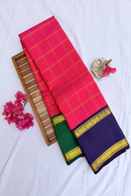 Ganga Jamuna Orangish Pink with Green and Dark Blue Kanjeevaram Silk Saree