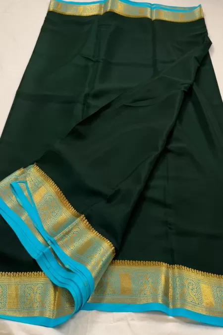 Bottle Green with Blue Pure Mysore Crepe Silk Saree
