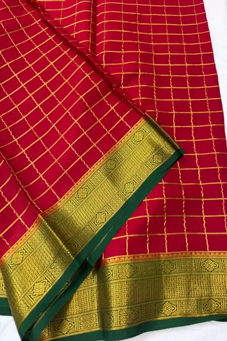 Checks Red with Green Pure Mysore Crepe Silk Saree