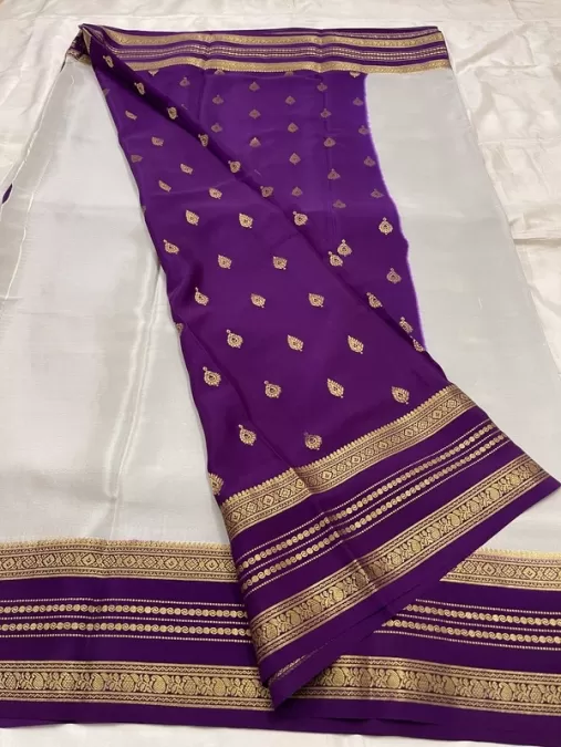 Silver Grey Mysore Crepe Silk Saree with Purple Zari Border