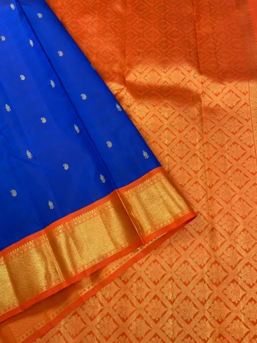 Royal Blue Silk Saree With Orange Contrast Border Kanjeevaram silk saree