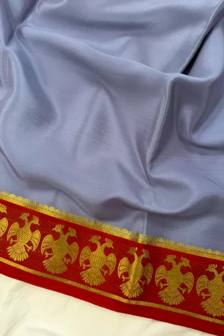 Gandaberunda Pastel Blue with Red Mysore Crepe Silk Saree