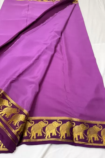 Elephant Border Lavender with Purple Pure Mysore Crepe Silk Saree