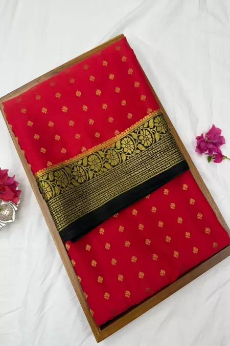Rashmika Red with Black Butta Mysore Crepe Silk Saree