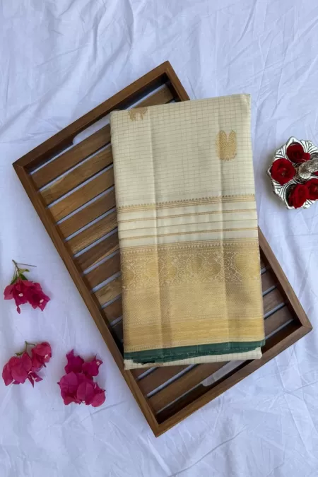 Checks Half White Kanjeevaram Silk Saree