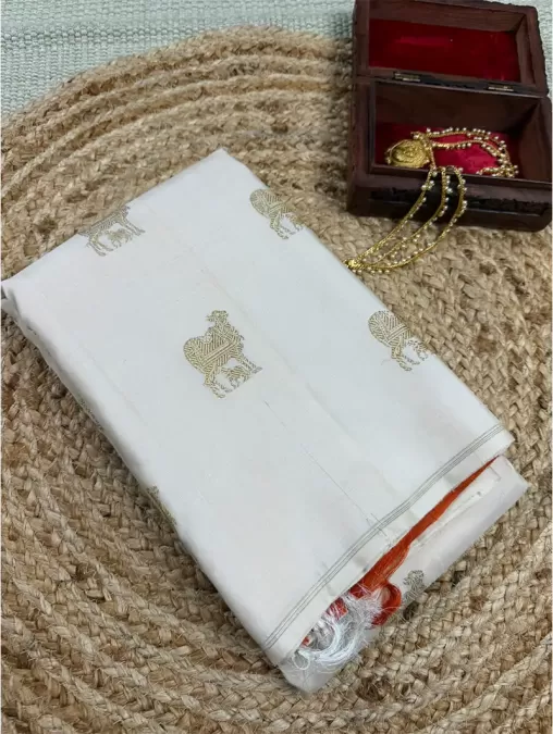 Ivory and Orange with Traditional Gold Motifs Kanjeevaram Saree
