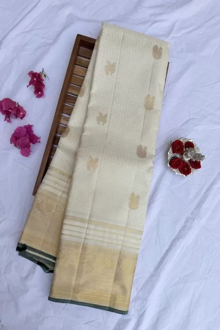 Checks Half White Kanjeevaram Silk Saree