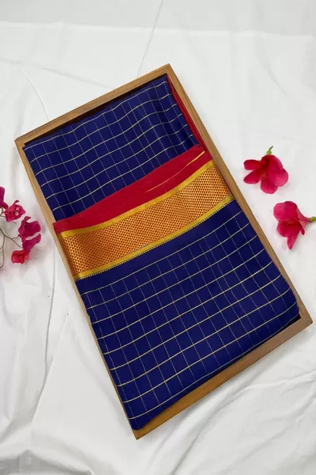 Checks Navy Blue with Red Pure Mysore Crepe Silk Saree