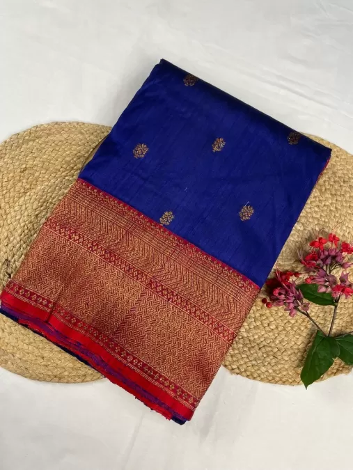 Pure Raw Silk Royal Blue with Red Benaras Silk Saree